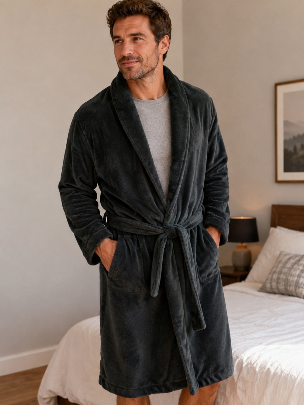 Men’s Plush Shawl Collar Robe - Dark Green Size L/XL